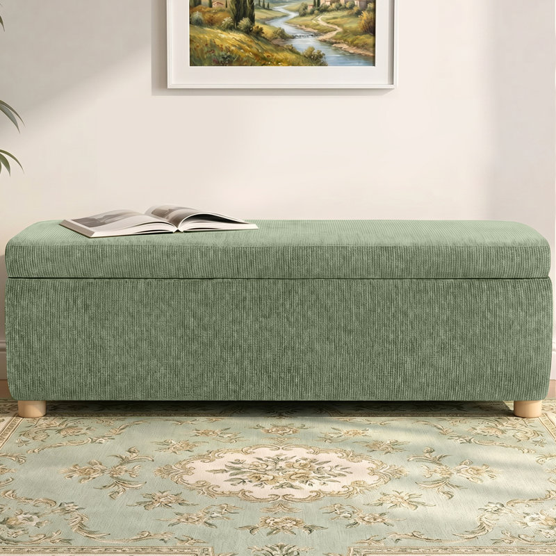 Banc de rangement en chenille Ermine de 57,4 po de largeur avec pieds en bois naturel, Vert