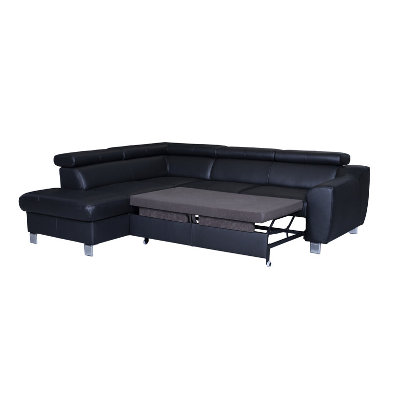 Aribel Faux Leather Corner Sofa with Sleeping Function and Storage Box with Adjustable Headrests , Left Hand Facing, Black
