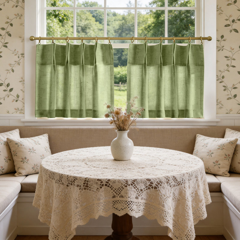 Linen Pinch Pleated Kitchen Curtains Tier Curtains Light Filtering Small Window Drapes for Kitchen, 26" W x 24" L, Green