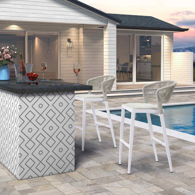 Modern Aluminum Rattan Bar Height Outdoor Bar Stool With Backrest And Cushion (Set Of 2)