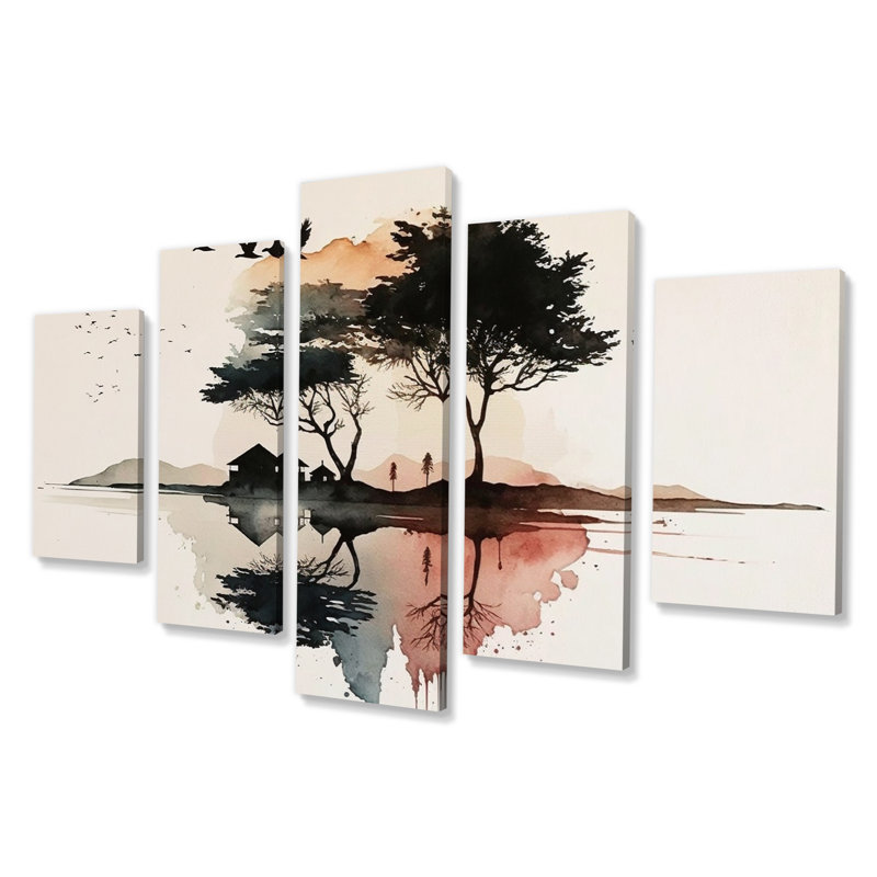 «Minimal Serenity Little Country House Watercolor», art abstrait sur toile, 5 panneaux