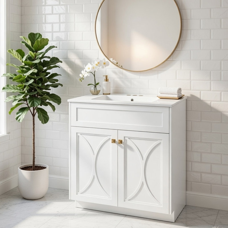 Meuble-lavabo avec lavabo en céramique Trixie, métal, bois blanc, 30 po, Blanc