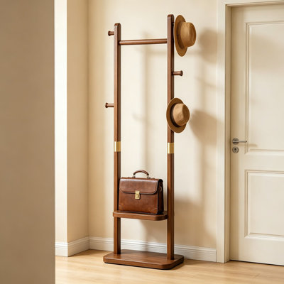 Solid Wood Coat Rack, Freestanding Clothing Rack with 2 Shelves and 5 Hooks, Heavy Duty Clothes Stand for Hall, Bedroom, Living Room, Walnut Brown