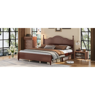 Structure de lit plateforme très grand avec tête de lit à vagues rétro, support de lattes en bois, aucun sommier requis, assemblage facile, structure robuste, mobilier de chambre à coucher avec design rétro classique, noyer foncé