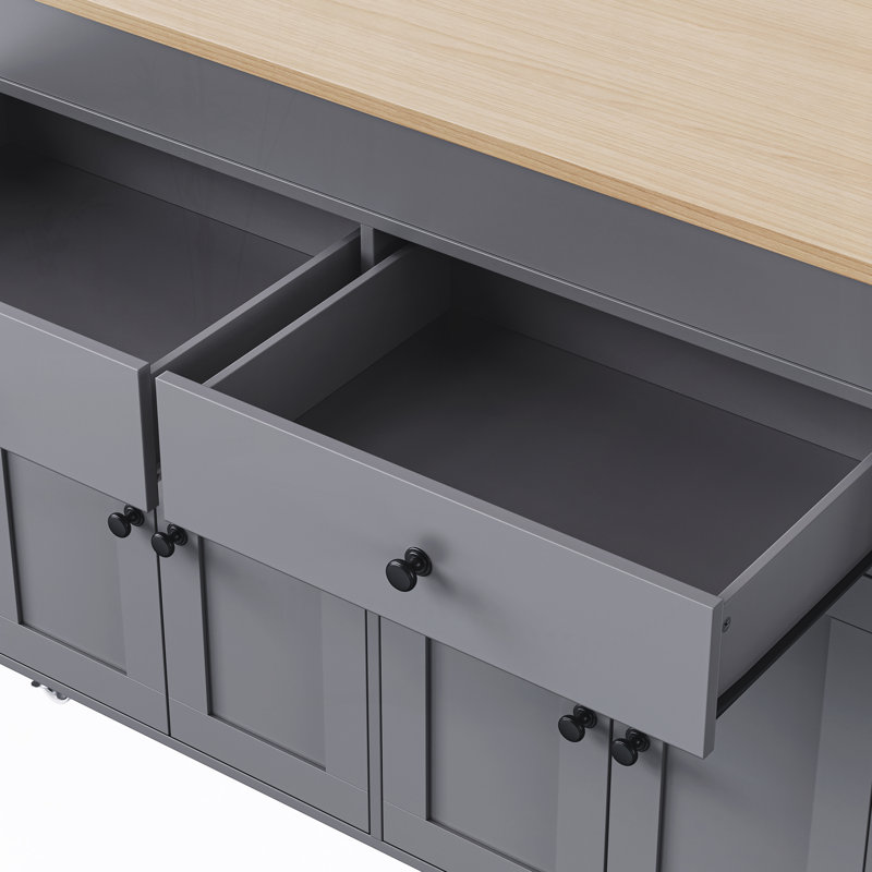 74.5 inch Kitchen Island with Extendable Dining Table,Kitchen Storage Cart with Spice Rack,2 Drawers and 4 Door Cabinet, Grey