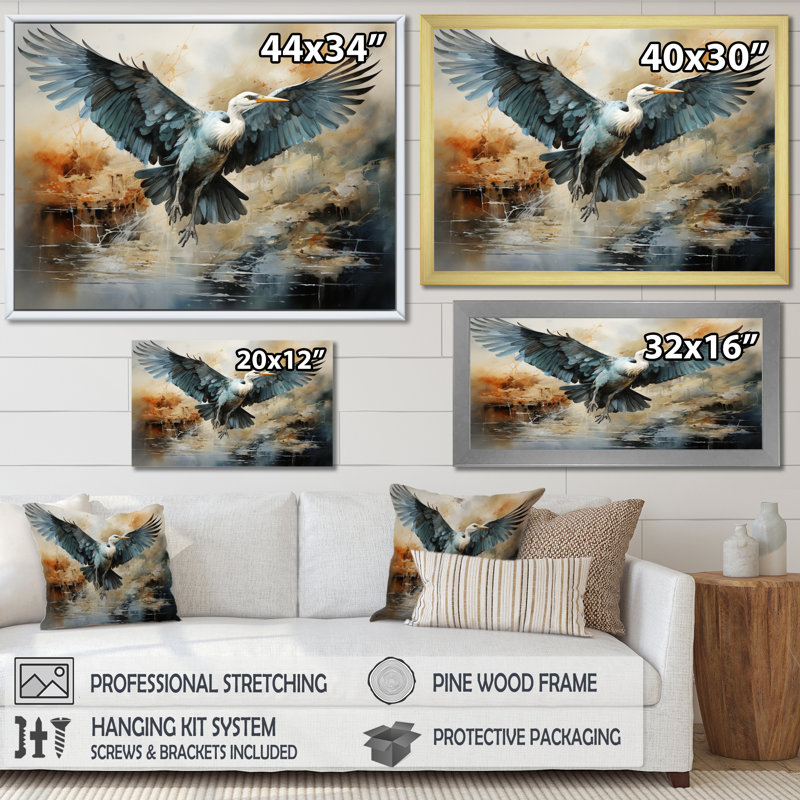 «Japon Art Cranes Flight I», reproduction sur toile, H 34 po x l 44 po, Cadre flottant blanc