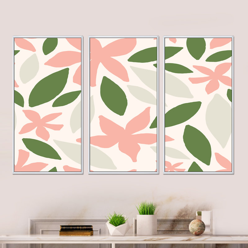 «Pink and Green Floral Shapes I», reproduction de cadre flottant 3 pièces sur toile, H 20 po x l 36 po x P 1 po, Cadre blanc