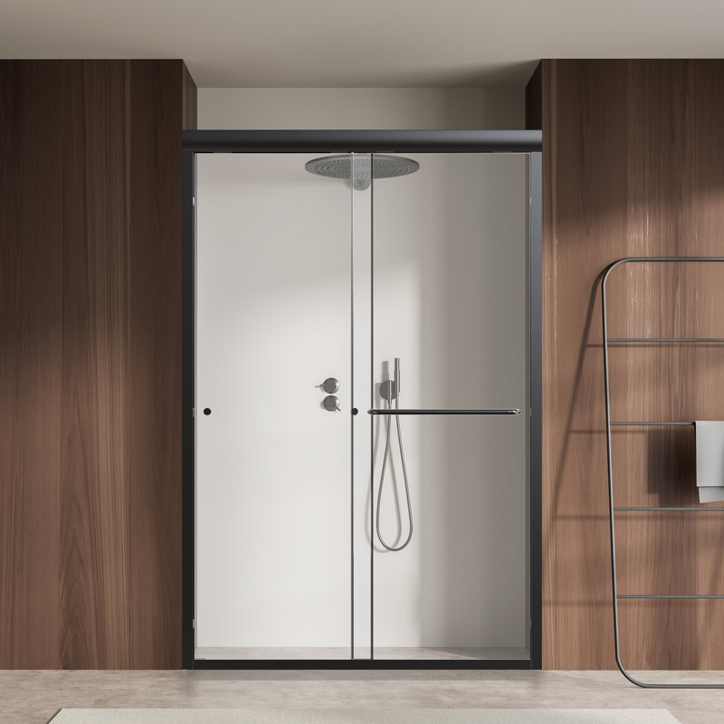 Porte de douche coulissante double semi-sans cadre l 44 à 48 po x H 72 po, verre trempé 1/4 po (6 mm), noir mat, Noir mat