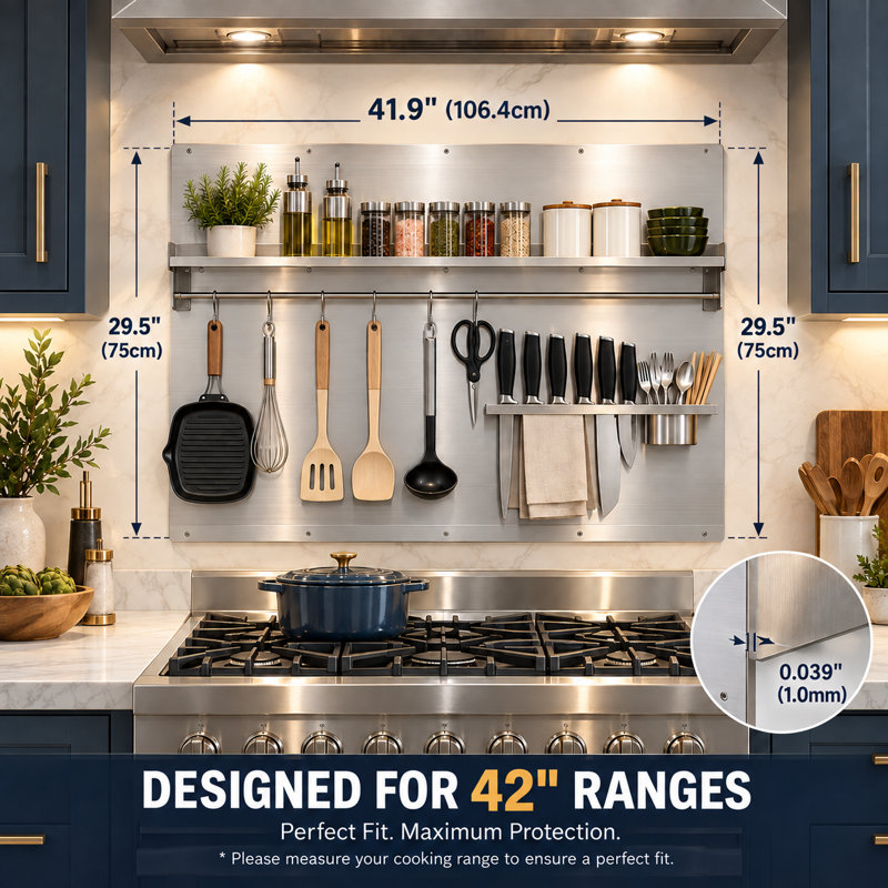 Dosseret de cuisine en acier inoxydable de 42 po x 30 po VENFAN avec tablette de rangement intégrée, porte-couteaux et crochets de suspension, pare-éclaboussures de poêle facile à nettoyer pour hottes de cuisine de 42 po