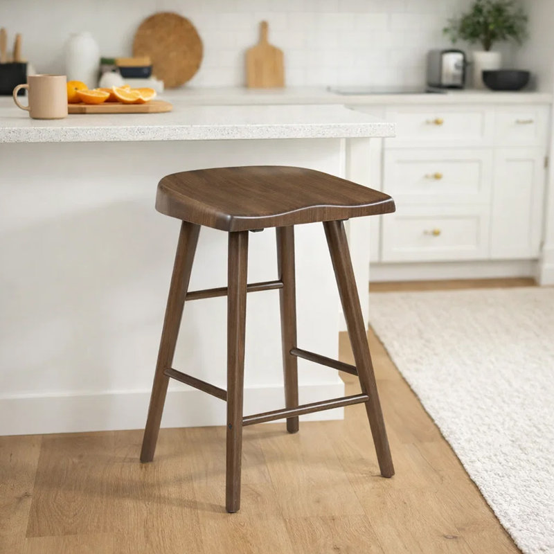 Vira 24 Inch Counter Height Stool Set Of 2, Saddle Seat, Brown Wood, Counter Stool (24” Seat Height)