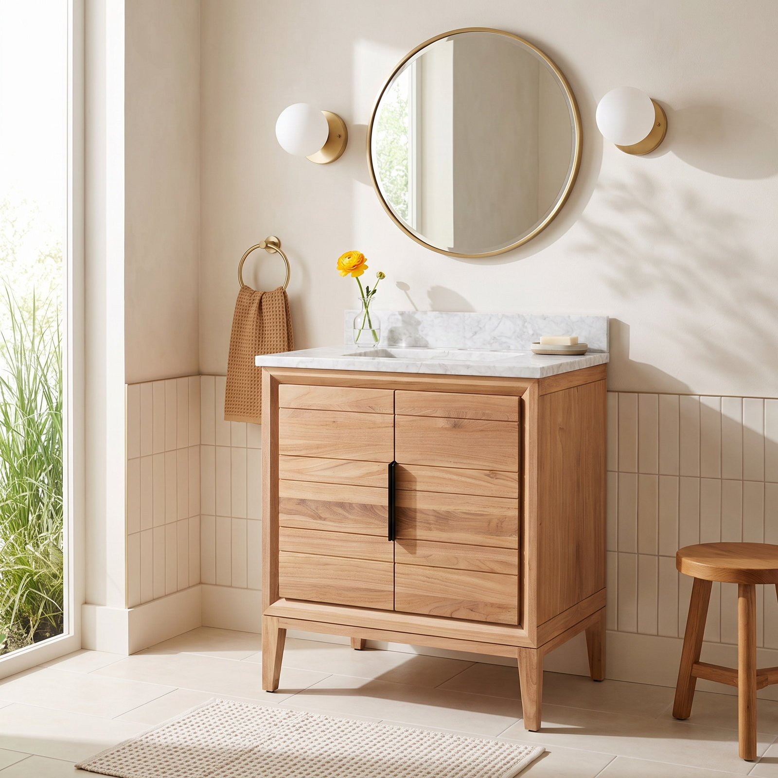 Aliso 30" Carrara Marble Single Bathroom Vanity, Carrara Marble, 8" Widespread, Natural Teak