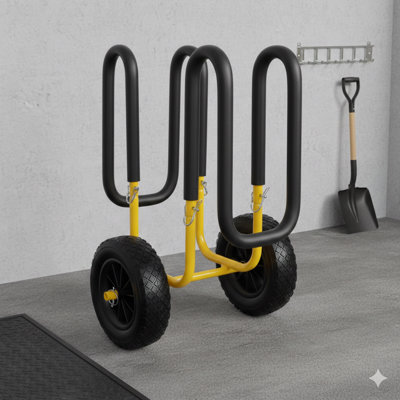 Chariot de transport pour planche à rame et planche de surf à suspension en M Équipé de pneus sans crevaison de 10 pouces et d'une capacité de charge de 150 livres. Ce chariot de transport SUP est jaune.