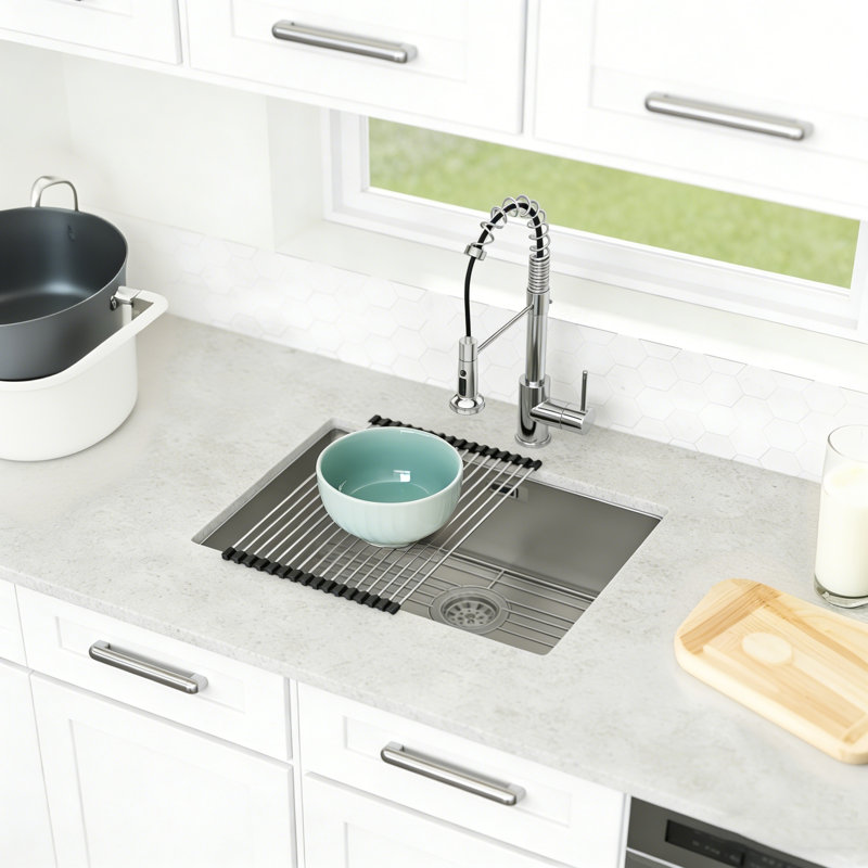 23" L x 18" W Undermount Laundry Sink, 16-Gauge Stainless Steel Utility Sink with Sink Grid, Strainer and Roll-up Rack