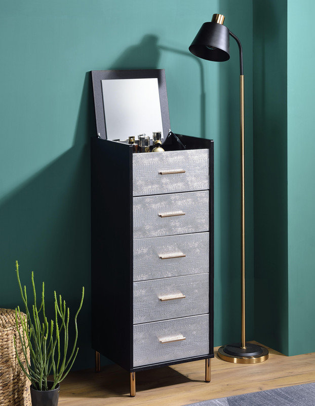 Armoire à bijoux avec miroir et serrure Myles - noir, finition argentée