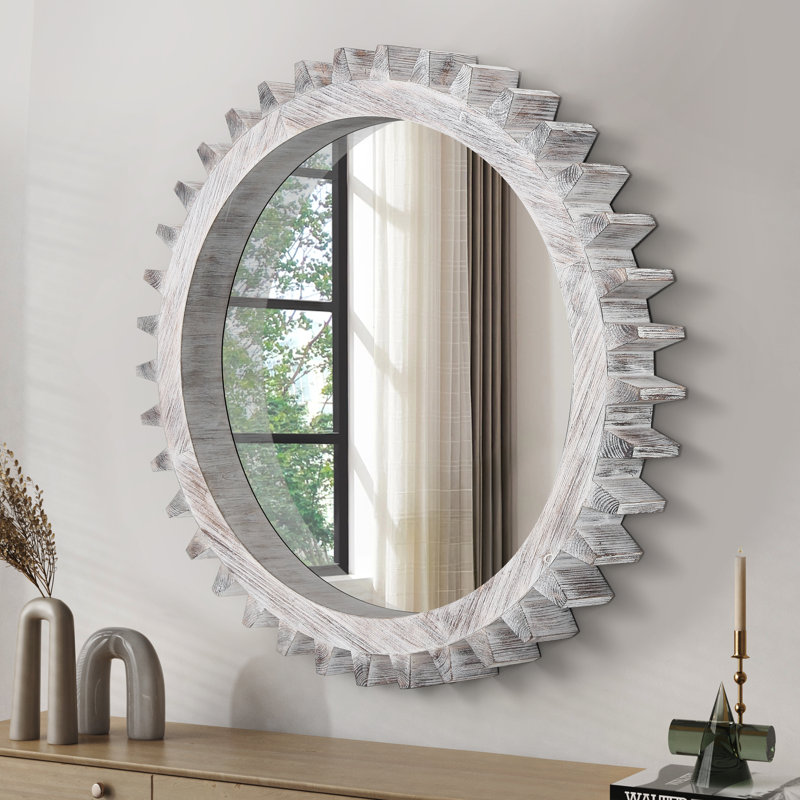 Vintage 42'' x 42'' Wood Round Hanging Gear Shape Heavy Decorative Mirror, 42" x 42", White Washed