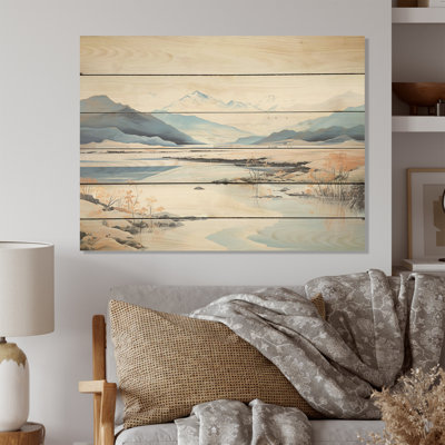 River Mountain In Minimal Canada I - River Mountain Wood Art On Natural Pine Wood