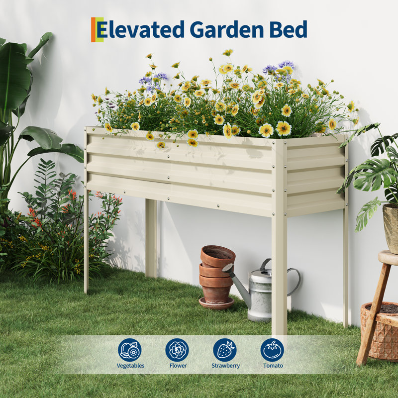Galvanized Raised Garden Bed with Water Storage – Sturdy Elevated Planter Box, Easy Assembly, 50×17×32 in for Outdoor Vegetables, Herbs, Flowers – Includes Legs – Beige