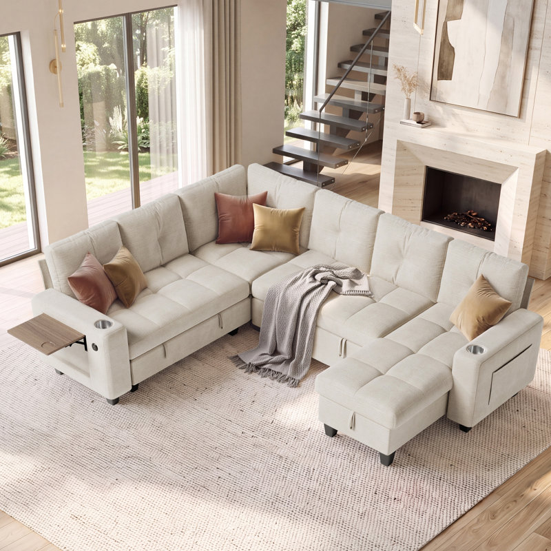  Canapé modulaire en coin capitonné avec canapé-lit, chaise de rangement et table d'appoint Benett, Chenille beige