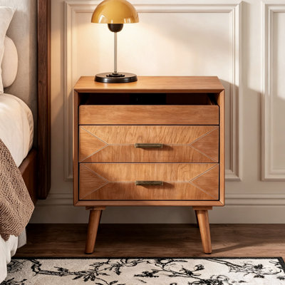 24"Mid-Century Modern Wood Nightstand With Built-In Charging Station, 3 Diamond Embossed Drawer Bedside Table With Splayed Legs