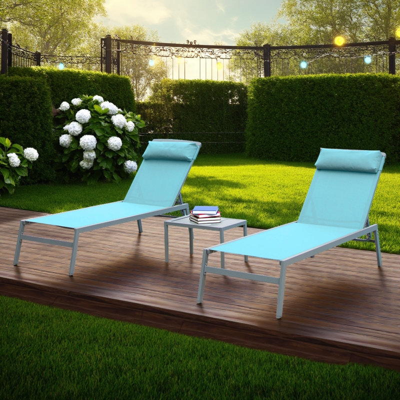 Ensemble de chaises longues de patio 3 pièces Lake Blue, chaises de piscine réglables en aluminium avec table d'appoint