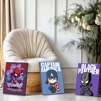 3 pièces d'art mural encadrées, Marvel Superheroes, ensemble d'art mural sur toile de 3 mignonnes araignées de style Chibi, Captain America, panthère noire, impressions pour chambre d'enfant, salon, décoration de la maison, affiches modernes