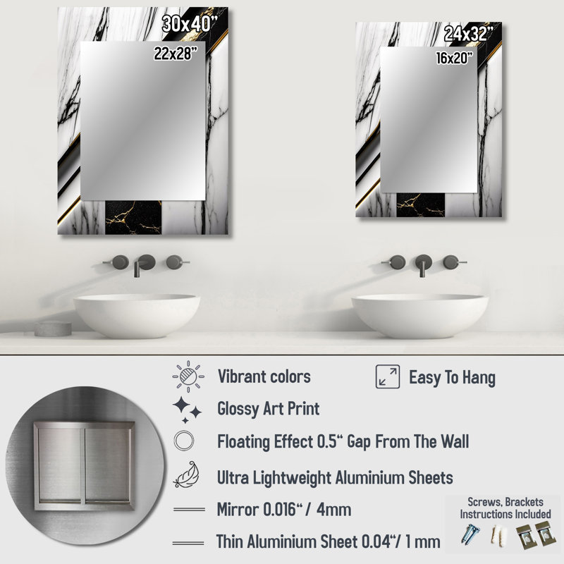 Abstract Geode Geometric Marble Grey I - Marble Large Wall Mirror, Modern Unique Mirror, Printed Metal Art, 40" x 30"