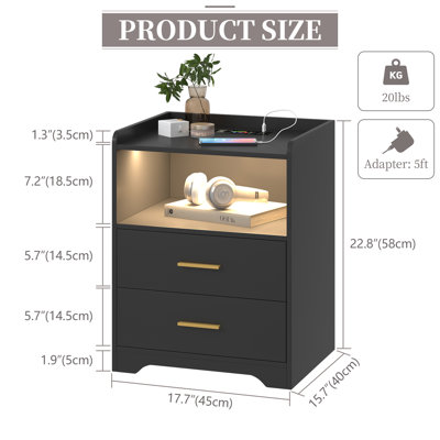 17.7"W 2-Drawers Modern Nightstand With 20-Color RGB Lighting and Motion Sensor