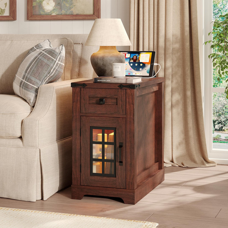 Table de bout de style campagnard avec station de charge, Brun