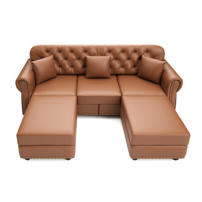 Canapé Chesterfield 82,6 po rembourré en similicuir avec garniture cloutée et accoudoirs roulés, canapé de style Mid-Century moderne capitonné avec boutons, brun