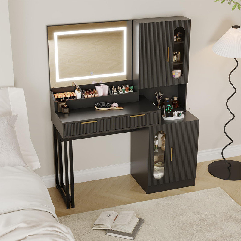 Ensemble de coiffeuse en miroir avec lumières DEL, station de charge et tiroirs de rangement