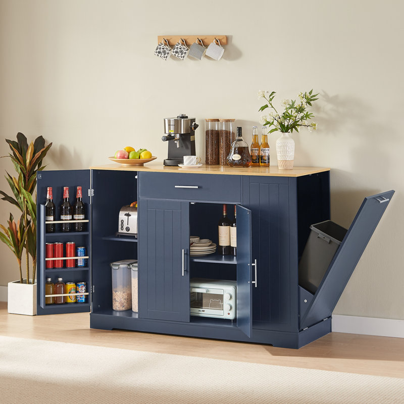 Modern Farmhouse 53-Inch Kitchen Island With Drawers, Trash Can Storage, Navy Blue | Gift Idea, Navy Blue
