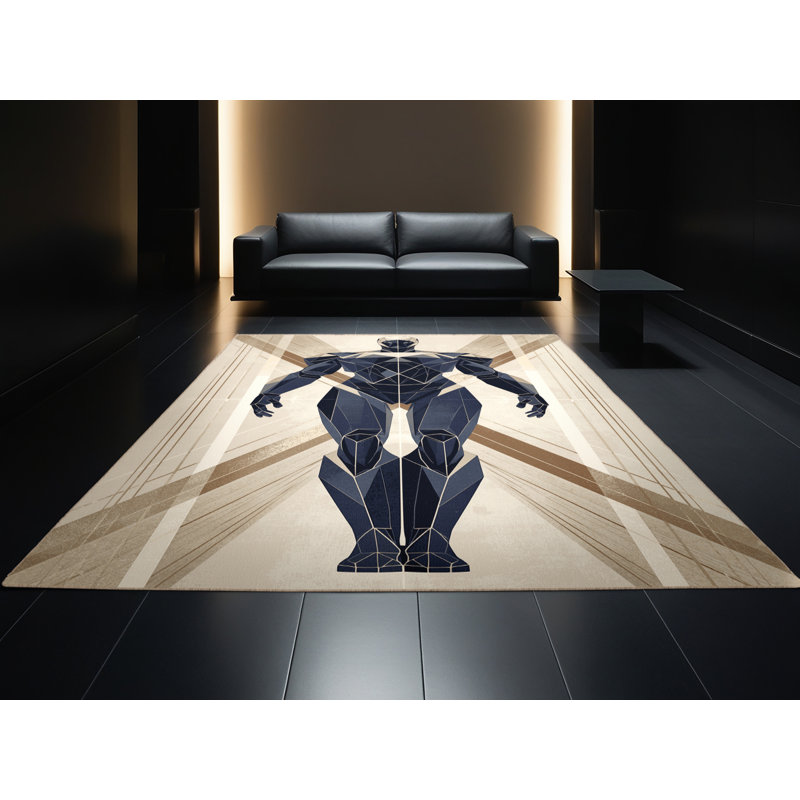Tapis beige géométrique moderne lavano lavable à la machine Android Humanoid, 7 x 9