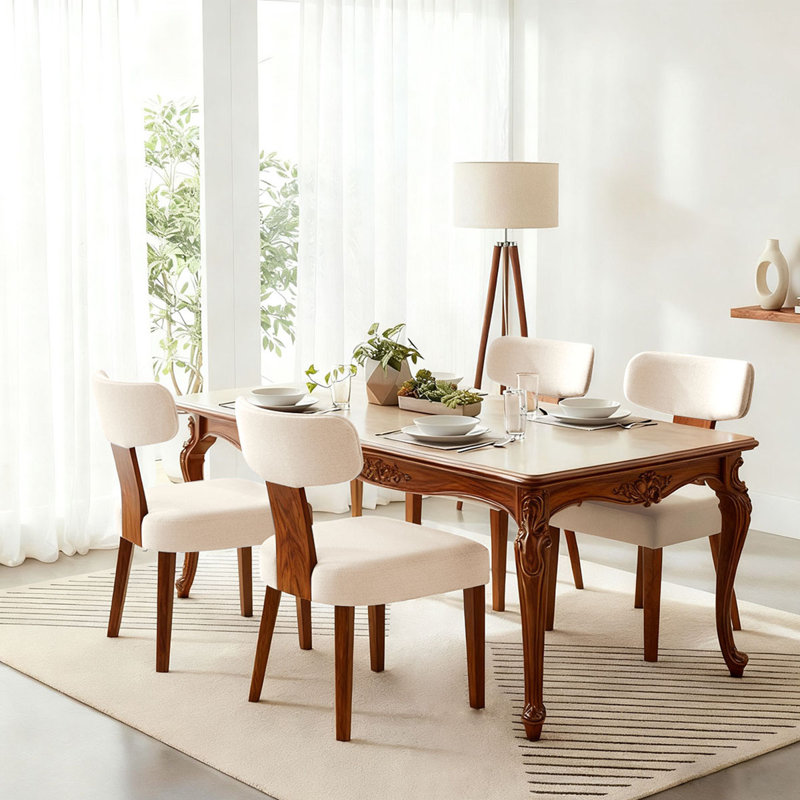 Mid Century Linen Modern Upholstered Dining Chairs Set of 4 With Wood Legs,Linen Beige, Beige