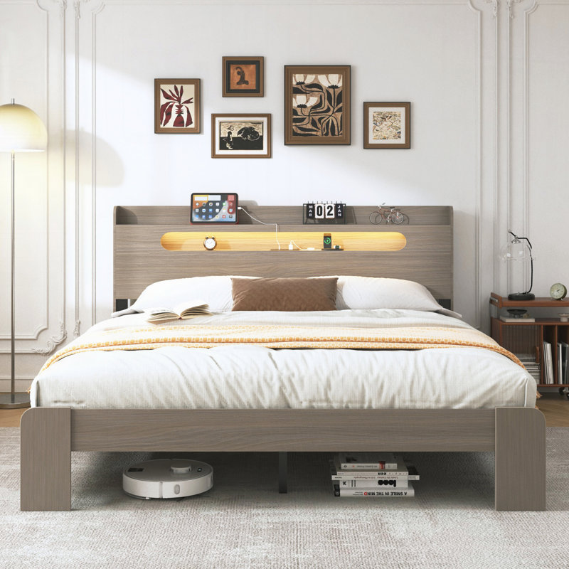 Wood Platform Bed Frame With Storage LED Light Headboard And 2 USB , Noise Free,No Box Spring Needed And Easy Assembly Tool,Large Under Bed Storage