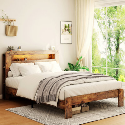 Cadre de lit moderne pour chambre à coucher, chambre d'amis, cadre de lit pour chambre à coucher, lit plateforme en bois avec tête de lit à DEL avec rangement et 2 ports USB