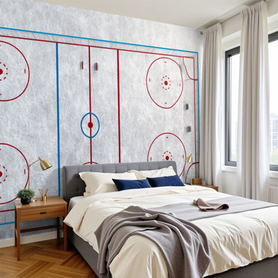Peel and Stick Wallpaper 144" W x 100" H Modern Self Adhesive Wall Mural for Bedroom Hockey Rink Box Gate Top View Match Sport