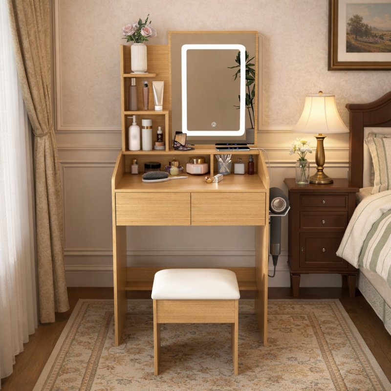 Coiffeuse 23,8 "avec miroir à DEL, prise de courant encastrée pour petite chambre et appartements
