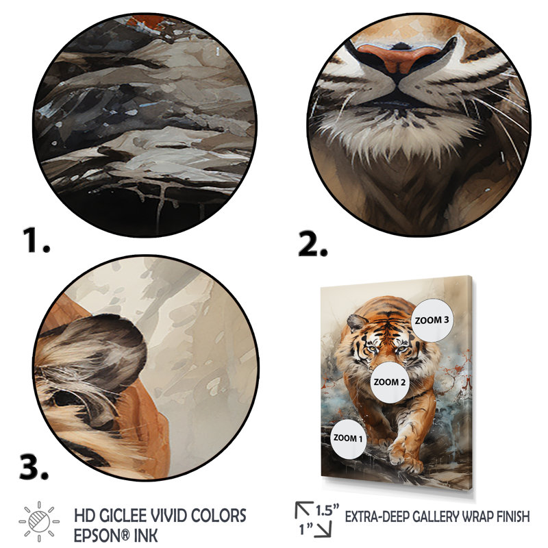 Tigre descendant de la montagne - animaux, impressions sur toile, Toile tendue, H 44 po x l 34 po x P 1,5 po