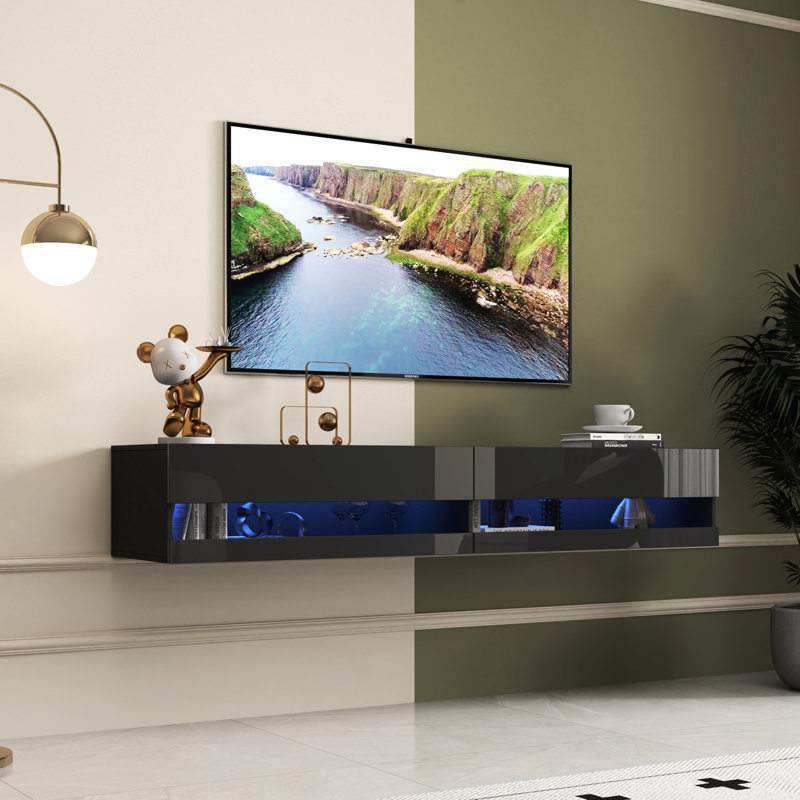 Meuble télé 80 po avec lumières à DEL et ensemble de rangement spacieux, unité murale noire 20 couleurs, Flair Group contemporain