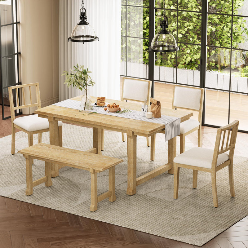 Ensemble de salle à manger de ferme 6 pièces pour 6 personnes, ensembles de cuisine et de salle à manger avec pieds et structure en bois massif, chaises ergonomiques à double style, idéal pour la cuisine et la salle à manger (bois naturel délavé)