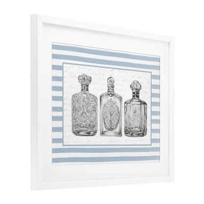 Ornate Bottles on Blue Stripes Framed Print Under Glass, design by Lettered and Lined