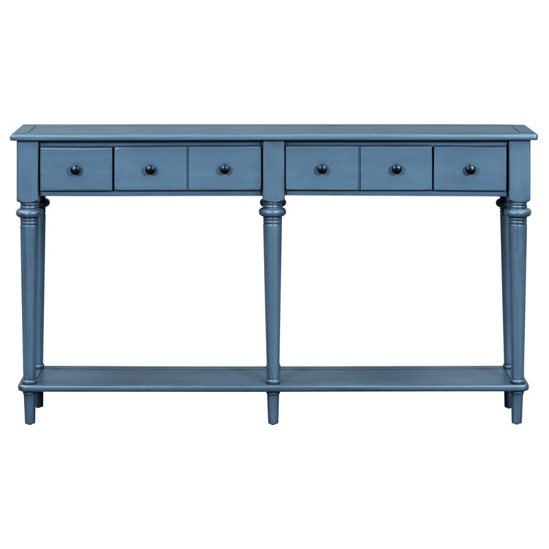 Console Retro - Bleu marine. 4 tiroirs et tablette ouverte. Look rétro rustique avec finition pin. Fabriqué en pin. Ours de table 220 lb, tiroir 15 tablettes inférieures 33 lb Polyvalent pour les espaces de vie.