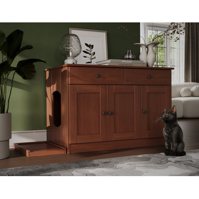 Palace Imports 100% Solid Wood Haajarah 3-Door Cat Litter Enclosure with 2-Drawers and Litter Catch