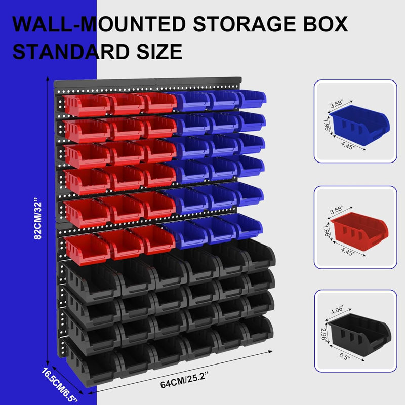 Organisateur de bacs de rangement mural robuste, H 32 po x l 25,2 po x P 6,5 po, Rouge / bleu / noir