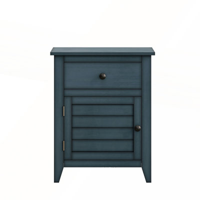 Table de chevet transitionnelle antique en placage bleu avec tiroir de rangement spacieux, parfaite pour les chambres à coucher classiques et modernes.