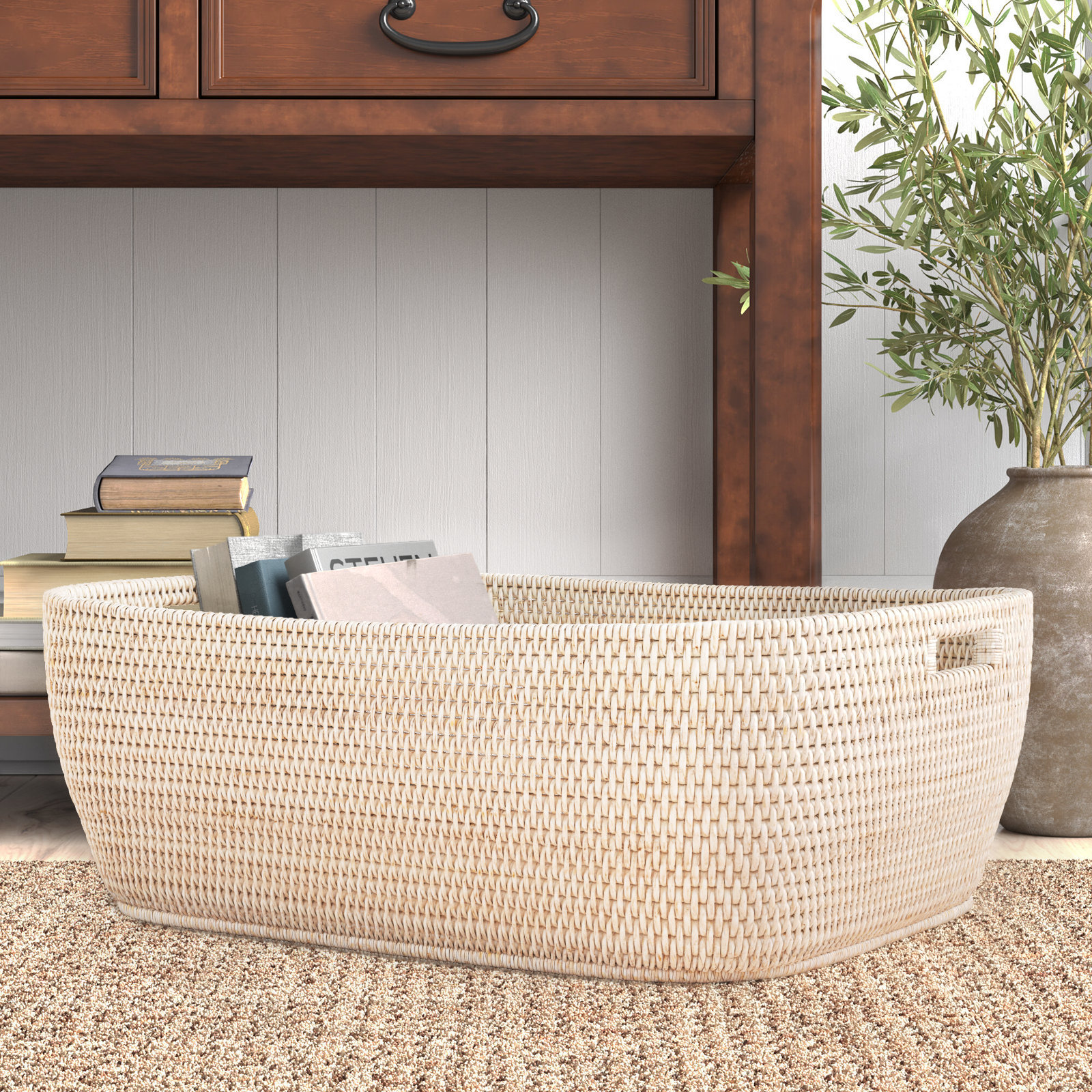 Handmade Rattan Storage Bin, White Wash, 9" H x 26" W x 20" D