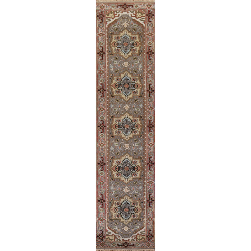 Tapis de couloir oriental géométrique Heriz Serapi noué à la main 3 x 12