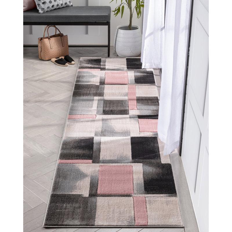 Cillan Modern Geometric Boxes 3D Textured Rug, Runner 2'7" x 9'10", Blush Pink