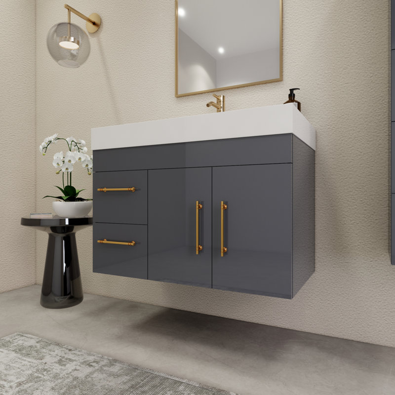 Ensemble de meuble-lavabo simple mural 35,4 ", Gris brillant