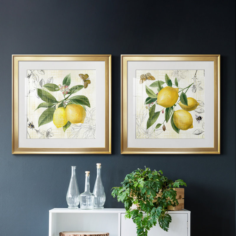 Linen Lemons I - ensemble de 2 impressions, Blanc, H 17,5 po x l 35 po x P 1,5 po, Papier encadré doré